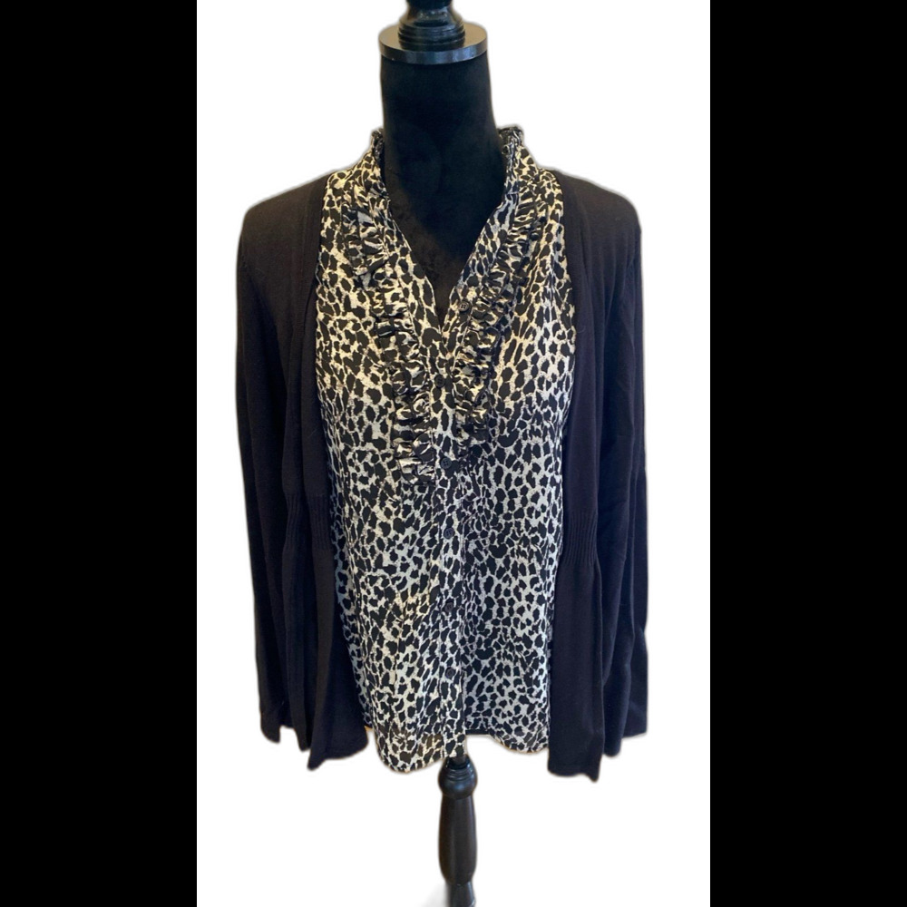 East 5th Blouse Sweater Combo Leopard Animal Print Black Sweater Sz Large Top‎